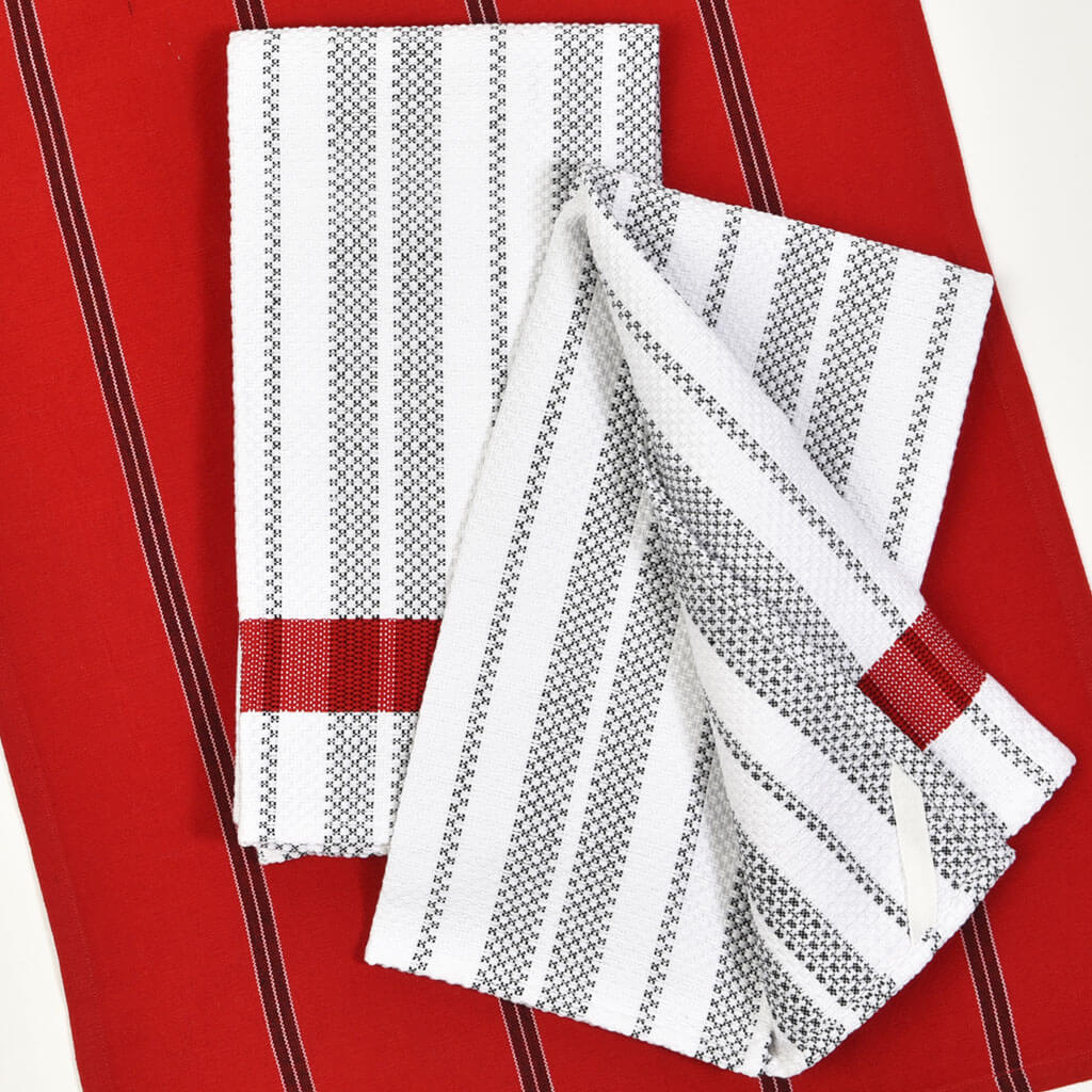 Hand Woven Hache Dish Towels | Red & White Stripes with Red Border