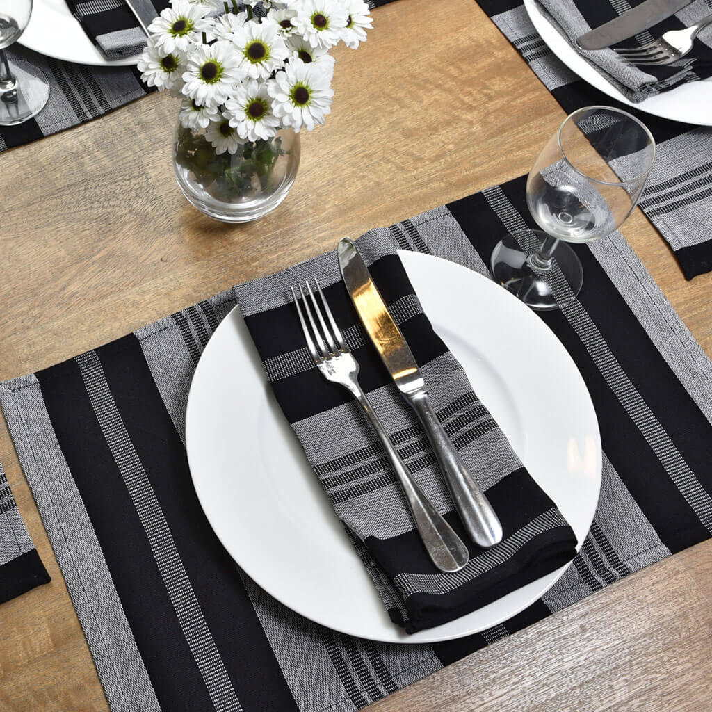 Handloom Cotton(Black) Table Mat Set With Serviettes With Handmade