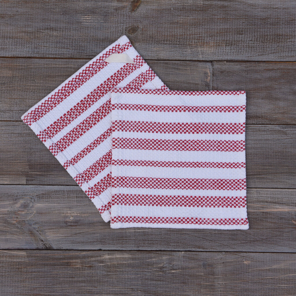 SALE Set Kitchen Towels Woven Red Stripe Border Pattern Unused