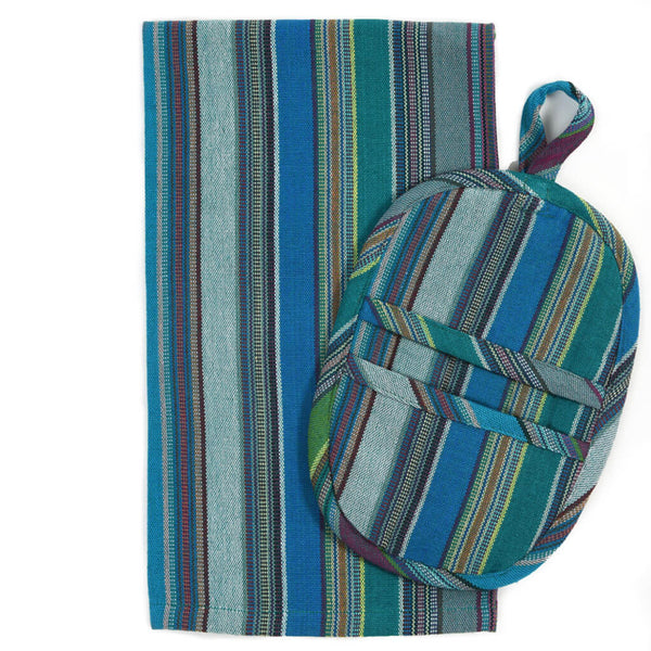 Hand Woven Mini Oven Mitt Blue Stripes Fair Trade Mayamam Weavers