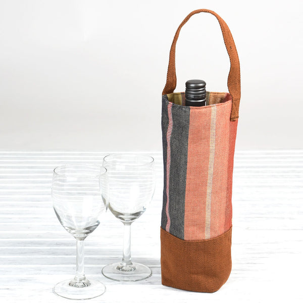 Hand Woven Double Wine Tote Blue Stripes Fair Trade Mayamam Weavers